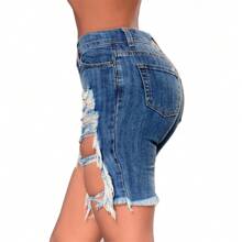 Womens High Waist Ripped Hole Washed Distressed Shorts Jeans Knee Length Ripped Stretchy Denim Shorts - Blue - View 2