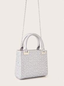Women Luxury Satin Mini Rhinestone Decorated Clutch Bag, Elegant Evening Party Handbag, Formal Prom Gown Wedding Purse For Ladies' Daily Commute Or Dating For Party,Wedding, Prom, Dinner/Banquet, Matching With Wedding Dresses,Formal Dresses, Prom Dresses, Birthday Dresses - Silver - View 4
