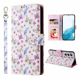 RFID-blockerande stöldskyddande präglat varmstämplat blommönster plånboksfodral med kortfack kompatibelt med 11 12 13 14 15 16 Pro Max för Galaxy S25 S24 Ultra S23 S22 S21 S20 A12 A13 A14 A15 A33 A53 A34 A54 A35 A55 PU-läder stativhållare fällbart fodral med handrem vattentät stötsäker fallskydd reptålig