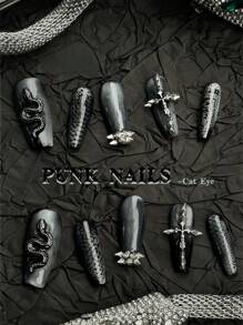 Cửa hàng thời trang làm thủ công 10 chiếc móng tay Junk Punk, móng tay hình quan tài trung bình, nghệ thuật làm móng mắt mèo màu tím, nghệ thuật làm móng năm rắn, nghệ thuật làm móng nguyên tố rắn, bộ móng tay đen sẫm kim loại nặng Junk Punk Girl Cyberpunk mát mẻ phù hợp cho phụ nữ và trẻ em gái mặc hàng ngày trong các buổi khiêu vũ lễ hội để tôn lên vẻ ngoài của bạn, nhấn vào móng tay - màu đen - Xem 1