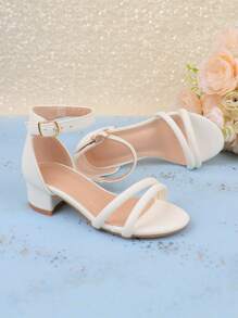 女童白色夏装搭配高跟玛丽珍凉鞋，轻便花童婚礼派对公主露趾绑带鞋，适合幼儿、小孩和大童