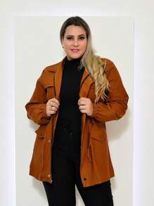 PLUS SIZE OVERCOAT JACKET CINCHED PARKA WINTER COAT BENGALINE - 駝色 - 查看 2