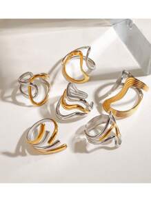 6 件不锈钢 18K 镀金双色艺术金色个性化戒指，派对礼物，时尚风格，女士珠宝，金戒指，优雅戒指，精美礼物，色块设计，女士金戒指，几何设计，不对称戒指，独特设计戒指 - 幾何設計 - 查看 4