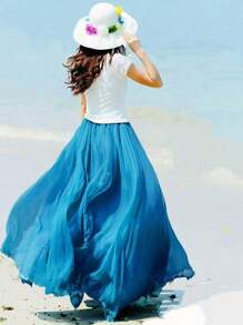 LUCIDVUE 1 Piece Summer Outfits For Women Skirt Peacock Blue Glittering Fabric Double Chiffon Skirt Two Ways To Wear It Beach Vacation Outfits Big Swing Elegant Skirts Return Long Dresses - Peacock Blue - View 2