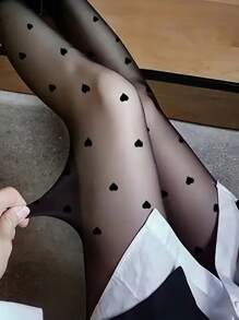 1/4 双性感心形提花图案紧身裤/连裤袜，丝滑时尚透明女士长筒袜，情人节 - 黑色 - 查看 2