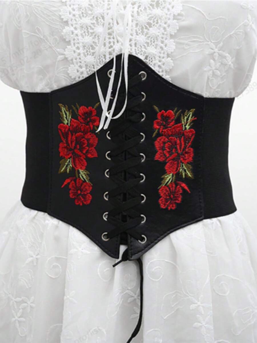 1件女士刺绣印花腰带，时尚百搭，可搭配连衣裙和外套