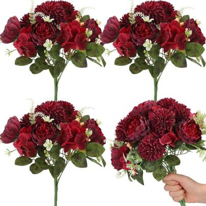 1支/2支人造牡丹花刺绣球花束，仿真玫瑰球菊花，适合秋季婚礼花瓶装饰、客厅卧室家居装饰、节日生日派对用品、户外花园装饰