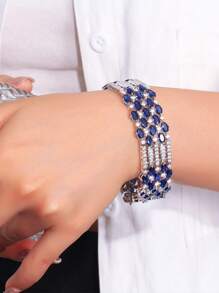 1 件闪亮椭圆形圆形深蓝色方晶锆石大号奢华女士手链，适合婚礼新娘派对订婚独特节日珠宝配饰