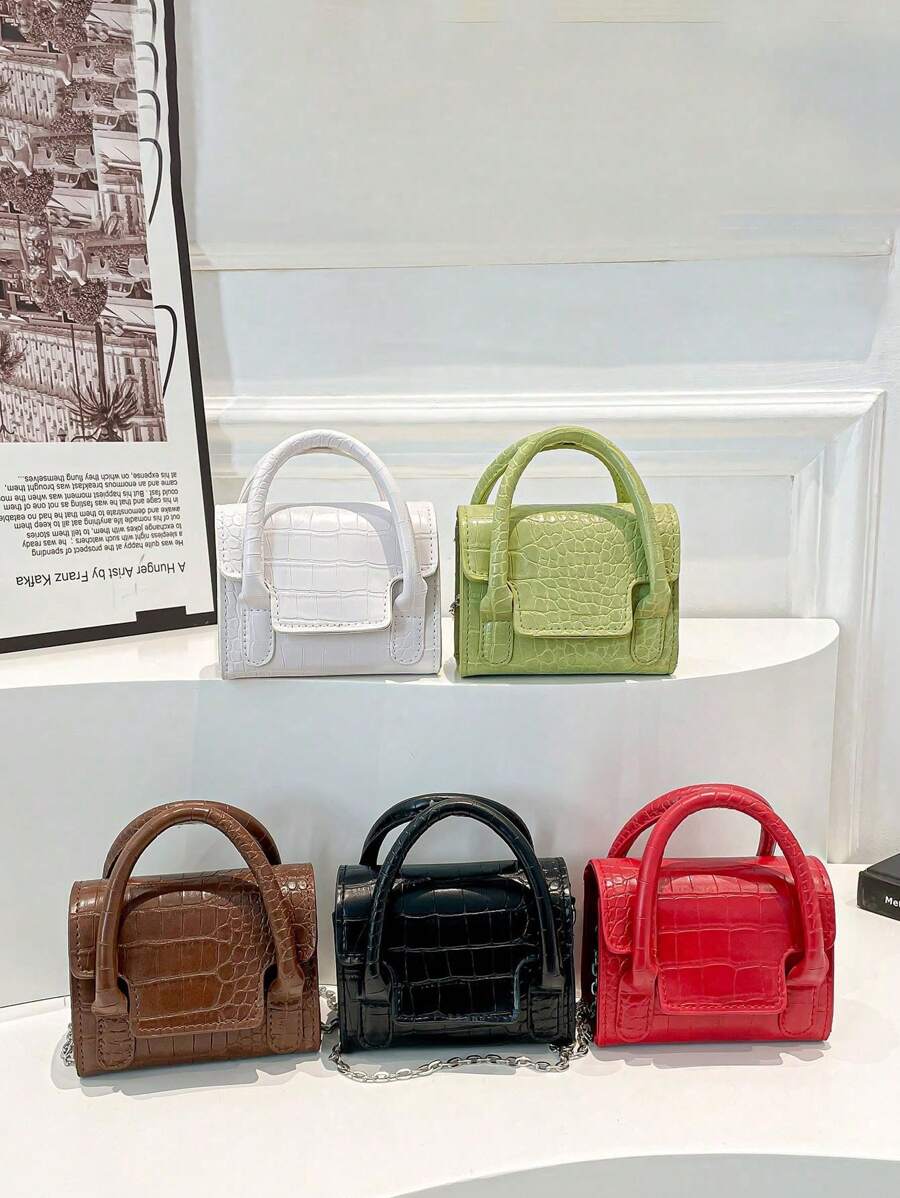1pc Litchi Pattern Handbag Fashion Texture Shoulder Small Square Bag Stylish Solid Color Messenger Bag, Retro Small Bag Korean Fashion Shoulder Bag Casual Simple Messenger Bag, Chain Shoulder Strap, Pu Leather Fabric, Fashionable Handbag, Candy Color Solid Color Matching, Casual Simple Sweet Fresh And Simple Style, Suitable For Girls To Go Out Shopping, Daily Use - Crocodile Pattern Handbag - View 1