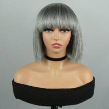 Mixed Gray Human Hair Bob Wigs With Bangs Full Machine Made Wigs For Woman Grey Pixie Cut Human Hair Wigs Pixie Cut Wigs With Bangs