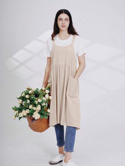 1 PC Plain Apron, Simple And Casual Style Large Size 2 Pockets Pleat Pullover Anti-Fouling Smock, Suitable For Home Cleaning/Kitchen Baking/Outdoor Activities/Restaurants,Cafes,Handicraft Workshops,Painting,Flower Shops And Other Workplaces