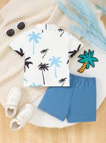 2 Pieces Baby Boy Coconut Tree Printed Short Sleeve Shirt & Solid Color Shorts Casual Fashion Outfit, Spring/Summer