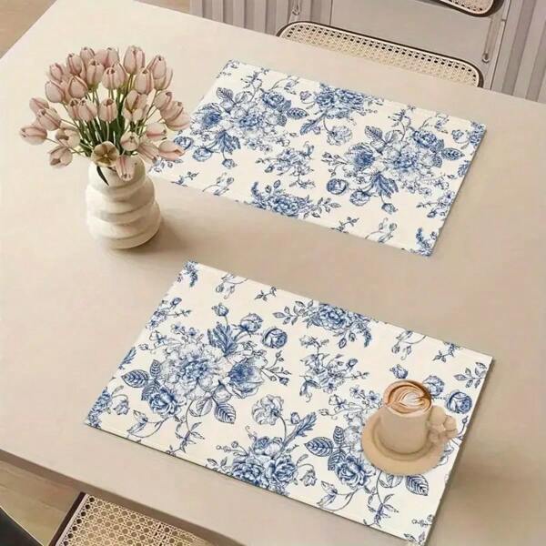 1/4/6 Stücke Vintage Blumen Leinen Platzsets, blaue Blumen Dekor Tischsets, geeignet für Zuhause Küche, blau, weiß