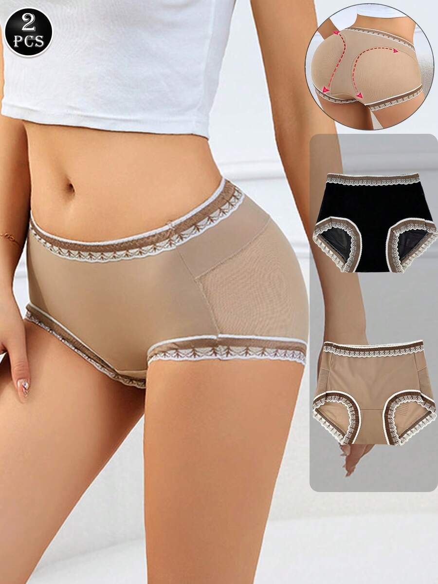 2 peças Calcinhas Sem Costura Respiráveis com Detalhe em Renda na Cintura Média, Confortáveis e Modeladoras para Mulheres - Multicolorido - Visão 1