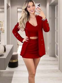 Conjunto Saco Blazer + Falda Con Abertura + Top De Tirantes - Rojo - Ver 1