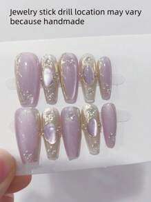 10 片手工制作紫色亮珠猫眼纹理设计珍珠魔镜佩戴指甲长度梯形日常沙龙约会佩戴可拆卸全覆盖假指甲适合美甲 DIY 爱好者收藏家女士女孩按压指甲美甲用品指甲 - 紫色 - 查看 11