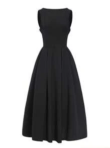 女士 Old Money 风格黑色露背无袖中长连衣裙、A 字连衣裙、约会连衣裙、收腰连衣裙、生日连衣裙、赫本风格连衣裙，适合外出 / 约会 / 派对 / 商务休闲，2025 年夏季和春季新款，夏季服装，女士乡村服装，女士性感俱乐部服装，女士约会之夜服装 - 黑色 - 查看 1