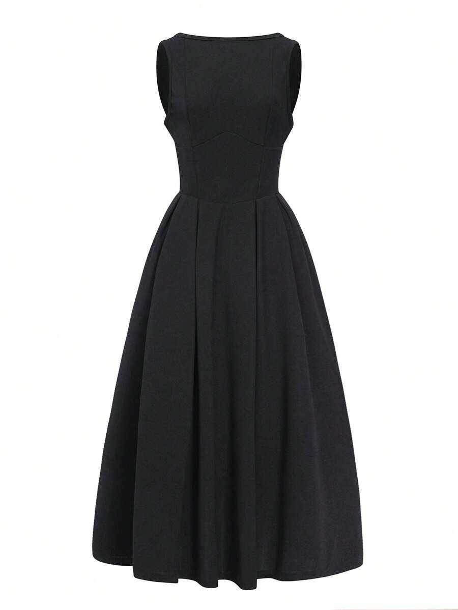 女士 Old Money 风格黑色露背无袖中长连衣裙、A 字连衣裙、约会连衣裙、收腰连衣裙、生日连衣裙、赫本风格连衣裙，适合外出 / 约会 / 派对 / 商务休闲，2025 年夏季和春季新款，夏季服装，女士乡村服装，女士性感俱乐部服装，女士约会之夜服装 - 黑色 - 查看 1