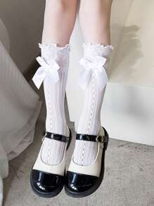 3 Pairs Girls Princess Lace Ruffle Knee High Socks With Bow, Children Mid-Calf Socks, Size 3-12Y