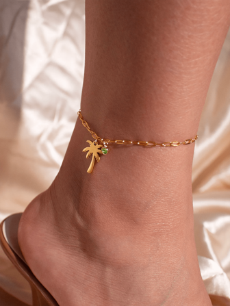 Palm Tree Birthstone Anklet Shiny Layered Chain Anklets For Women Gold Color Stainless Steel Waterproof Beach Jewelry Her Gift
