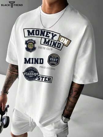 男士新款休闲个性字母印花短袖T恤搭配休闲裤适合旅行/度假/户外露营/运动