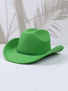 1pc Women's Fashion Green Ribbon Brim Woolen Cowboy Hat, Simple Wide Brim Sun Protection Hat For Hiking, Ideal For Performances, Parties And Unisex Versatile Style - Multicolor - View 1