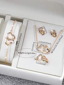 6 pièces/set Montre-bracelet à quartz analogique en acier inoxydable avec cristaux incrustés pour femmes + accessoires de bijoux en forme de cœur