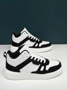 WANWEISI Men's Anti-Slip Lychee Embossed Letter Pattern Contrast Color Lace-Up Sneakers, Outdoor Sports Skateboarding Shoes - Men's Tennis