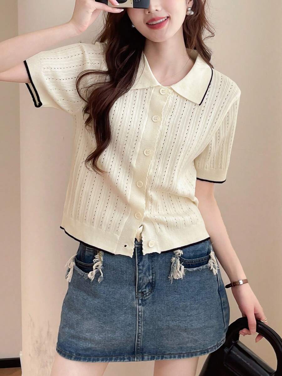 Alicedudu Women's Simple Elegant Lapel Single-Breasted Casual Short Sleeve Cardigan Sweater, Summer - Beige - View 1