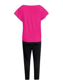 2 Pieces Casual Letter Print Short Sleeve T-Shirt And Ankle Length Pants Set - Hot Pink - View 2