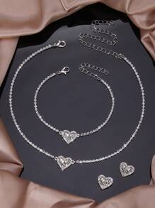 Fashion Full Rhinestone Jewelry Set Earrings, Necklace, Bracelet, Crumpled Heart Pendant, Party/Wedding Gift Accessories For Women