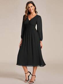 Elegant Shirred Long Sleeve Cinched Waist Chiffon Black Bridesmaid Dresses Wedding Guest Gown - Black - View 4
