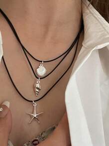 3pcs Black Leather Cord Necklace With Metal Starfish, Seashell, Conch Pendants - Silver - View 2