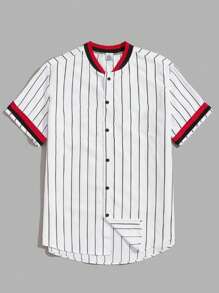 Men Casual Striped Shirt With Contrast Color Baseball Style - White - View 1