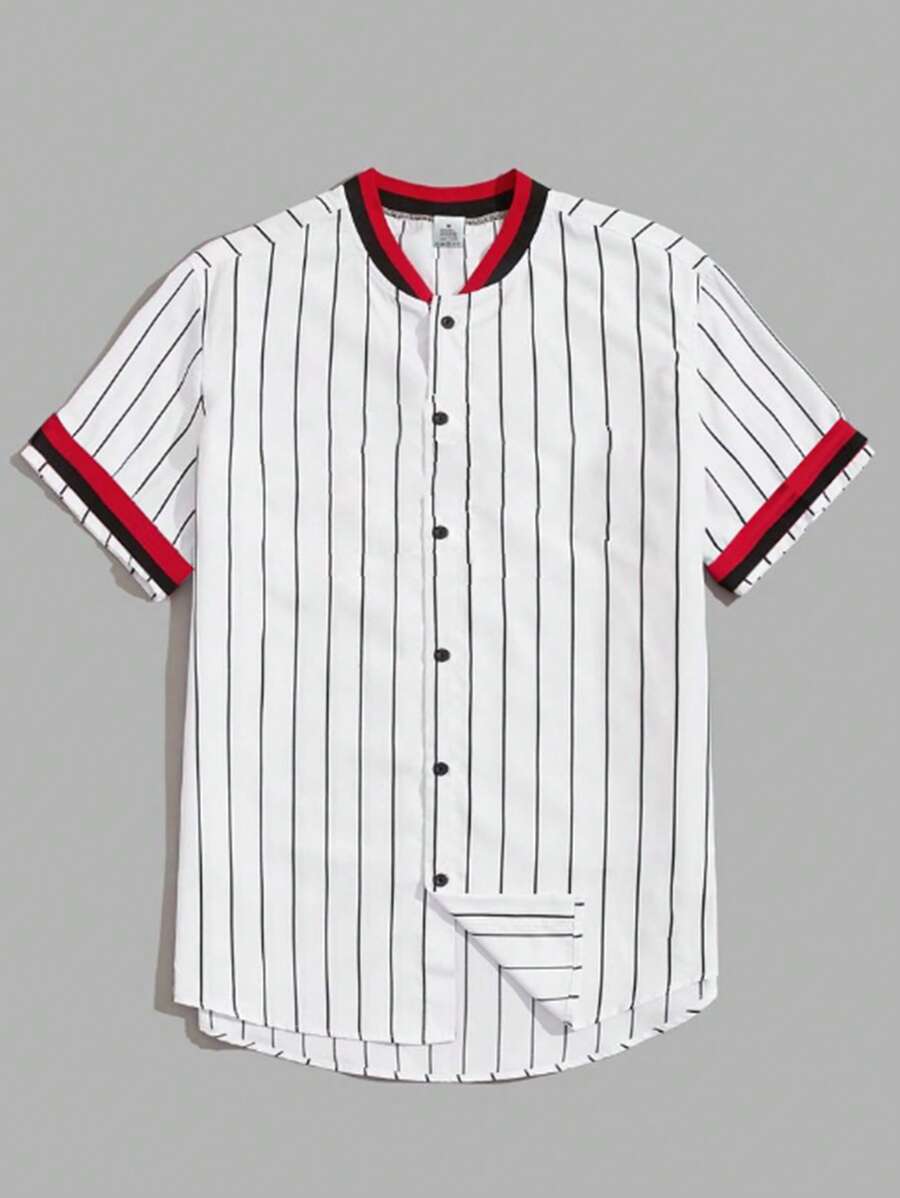 Men Casual Striped Shirt With Contrast Color Baseball Style - White - View 1