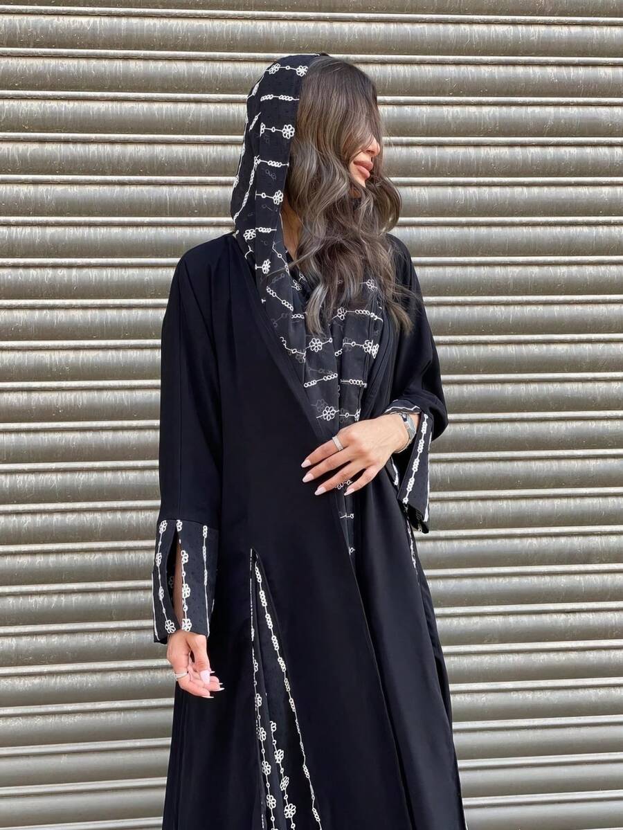 2pcs Women's Embroidered Open Abaya & Hijab Set – For Modest Spring/Summer Wear, Robe - Black - View 1