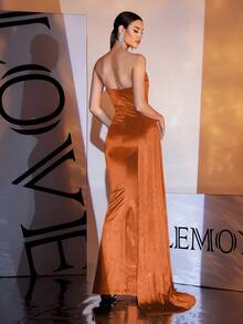 Orange Strapless High Slit Maxi Satin Evening Gown, Party Dress, Wedding Guest Dress, Formal Dress, Evening Dress - Orange - View 6