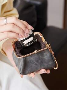 MIYIN Women's Mini Cute PU Leather Wallet, Lightweight Solid Color Minimalist Kissing Lock Small Wallet, Portable Handheld Purse With Keychain, Student Wallet, Mini Wallet, Coin Purse, Retro Style - Grey - View 3