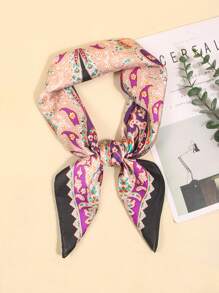 1 件仿丝印花围巾头巾头巾围巾，时尚多用途小领带适合日常使用 - 紫色佩斯利 - 查看 2