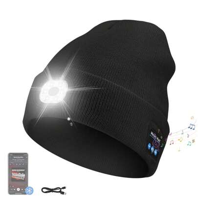 Gorro de lana unisex con Bluetooth 5.0 y luces, gorro de lana con música, gorro Bluetooth para hombres, recargable y lavable, para correr de noche, acampar, senderismo, trabajo al aire libre, iluminación de jardín y patio para caminos