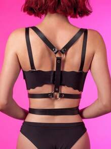 1 Piece Fashion Black Pu Leather Women's Bust Shaping Belt,Sexy Multi-Layered Straps,Adjustable Punk Corset,Daily Wear,Festival Costume Accessories - Black - View 3