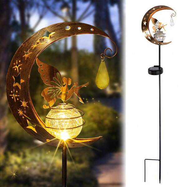 1Pc Solar Garden Lights Outdoor Decor,Moon Fairy Crackle Glass Lights,Waterproof Warm White LED Metal Stake Ornament,For Walkway Backyard Patio Lawn Pathway Decorations-Unique Gift Ideas For Gardening