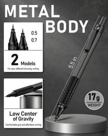 Four Candies 2PCS Metal Mechanical Pencils Set With Case, 0.5mm & 0.7 Mm Artist Pencil With 6 Tubes (360PCS) HB Lead Refills, 3 Erasers,9 Eraser Refills For Writing Drafting, Drawing, Black