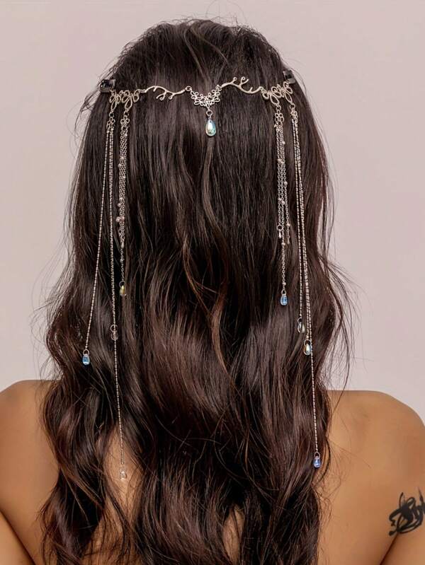 1pc Ancient Style Women Tassel, Ethereal Fringe Forehead Chain, Butterfly & Flower Decor Hair Clip, Hair Accessory