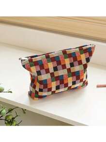 1 件旅行化妆包，女士格子印花化妆品收纳包，便携式盥洗包 - 彩色 - 查看 2