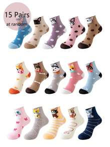 1 Pair/5 Pairs/10 Pairs/15 Pairs Multi-Color New Cute Puppy Cat Heart Dot Breathable Fashion Mid-Calf Short Socks, Suitable For Everyday Wear - Multicolor - View 3