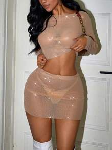 Women's Sexy Sequin Mesh Sheer Crop Top With Elastic Long Sleeve Round Neck And Bodycon Mini Skirt 2-Piece Outfit, Suitable For Beach Vacation In Summer - Apricot - View 5