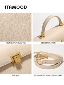 ITAMOOD 极简主义复古奢华正品 Togo 头层卵石纹牛皮优雅设计师灵感手袋和顶部手柄手提包，轻便商务休闲翻盖单肩包和腋下包和腋下钱包，百搭可调节斜挎包和单肩包和挎包，适合少女 - 米色 - 查看 7