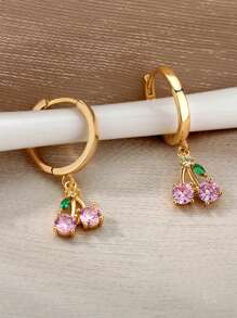 Cute Pink Cubic Zirconia Cherry Shaped Gold Earrings, 18K Gold Plated Silver Anti-Fade Earrings, Suitable For Weddings, Parties, Vacations And Other Occasions, Also Can Be Given As A Commemorative Gift To Best Friends For Daily Wear. - Stainless Steel - View 6