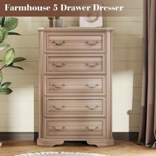 Farmhouse 48" Tall 5-Drawer Wood Dresser, Rustic Chest With Corner Bevel Shape, Closet Storage Organizer For Bedroom, Living Room, And Hallway - Quả óc chó xám - Xem 3